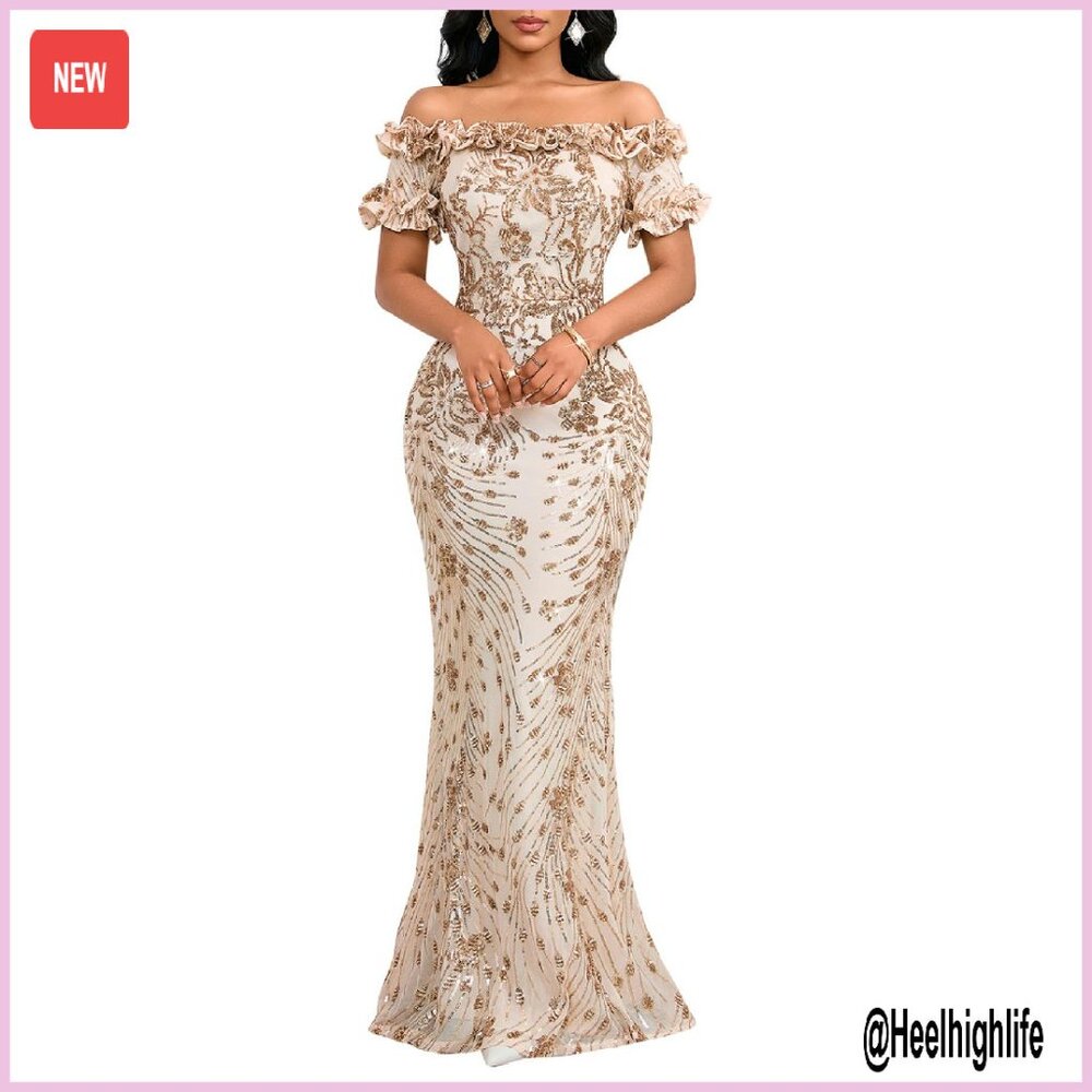 Sequin Off Shoulder Mermaid Maxi Dress Formal Evening Gown